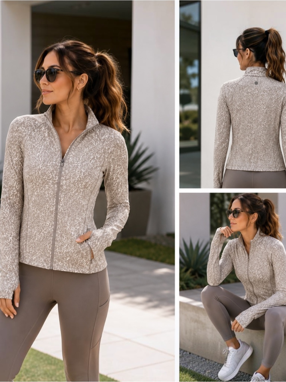 Danskin L Taupe Abstract Print Full Zip Active Jacket Thumbholes Stretch Yoga